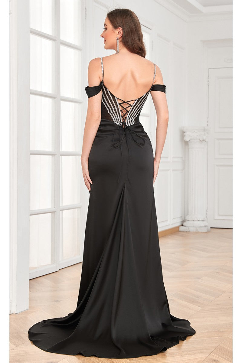 Prom Dresses Beaded Slit Long Formal Corset Prom Dress Black