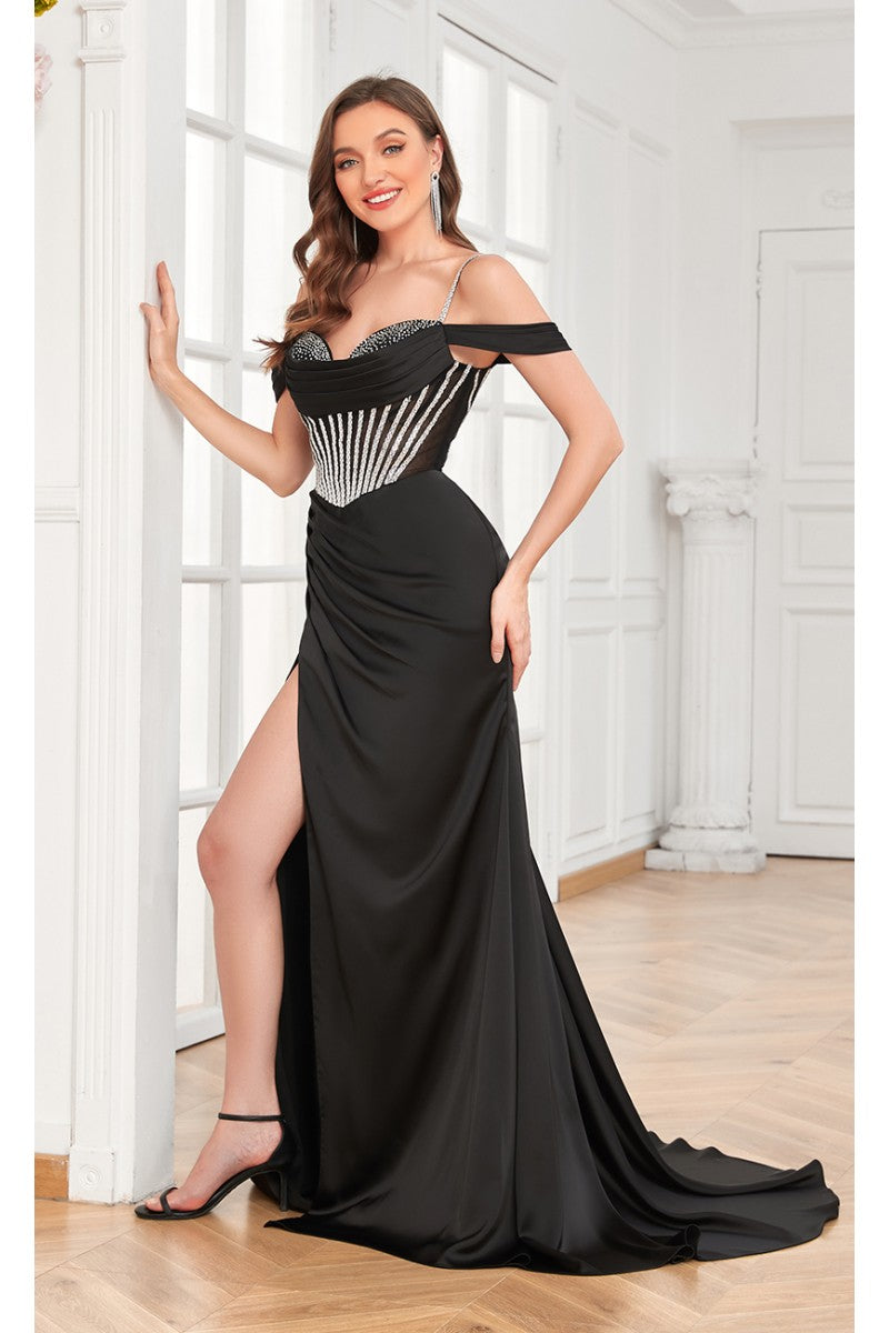 Prom Dresses Beaded Slit Long Formal Corset Prom Dress Black