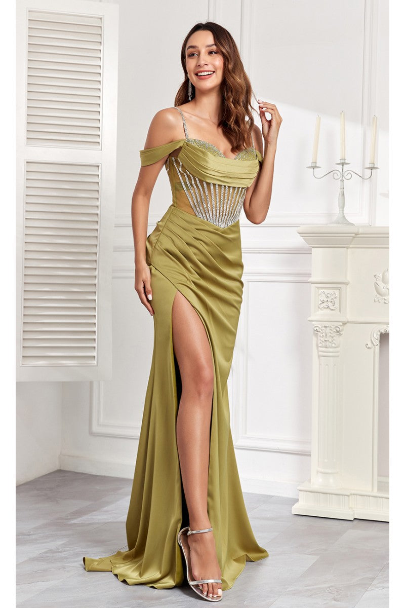 Prom Dresses Beaded Slit Long Formal Corset Prom Dress Olive