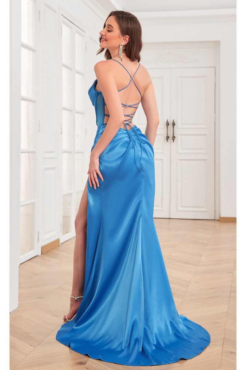 Prom Dresses Prom Fitted Slit Corset Formal Beaded Dress Blue