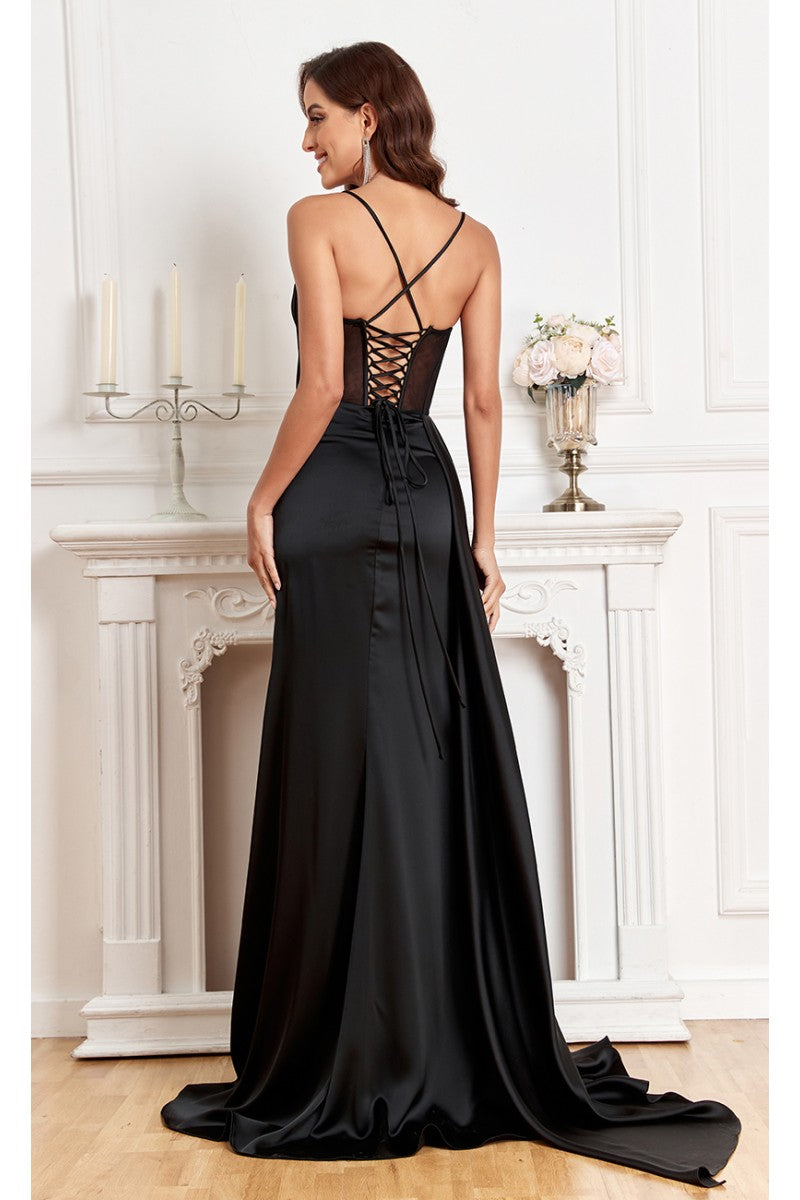 Prom Dresses Fitted Corset Long Formal Slit Prom Dress Black