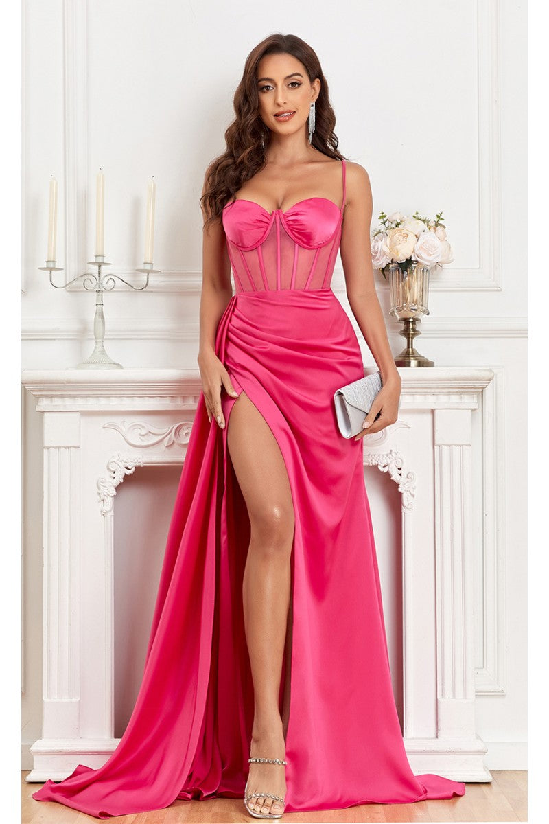 Prom Dresses Fitted Corset Long Formal Slit Prom Dress Fuchsia