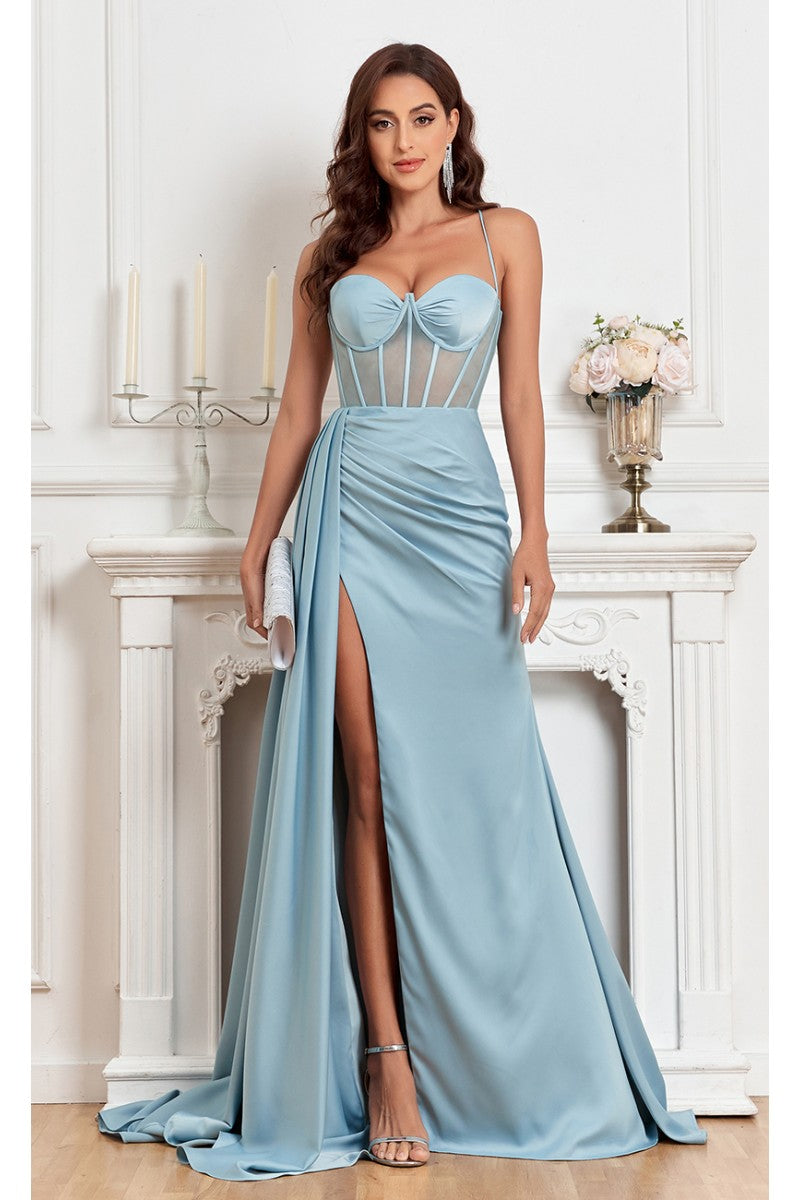 High Couture MJ1003 Fitted Corset Long Formal Slit Prom Dress