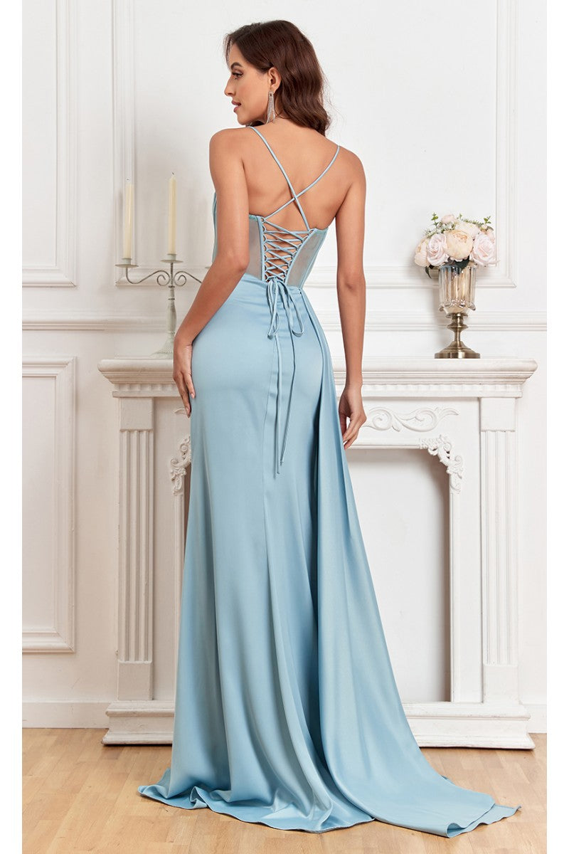 Prom Dresses Fitted Corset Long Formal Slit Prom Dress Smoky Blue