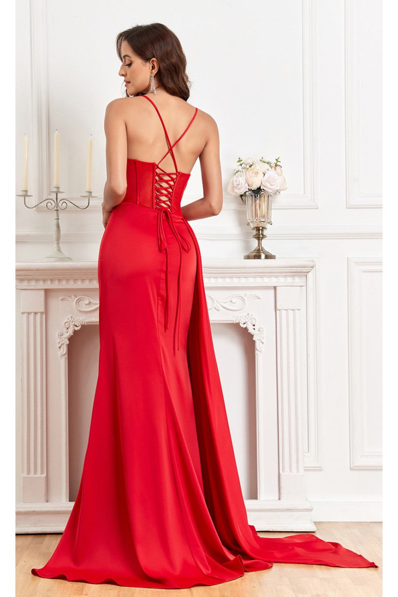 Prom Dresses Fitted Corset Long Formal Slit Prom Dress Red
