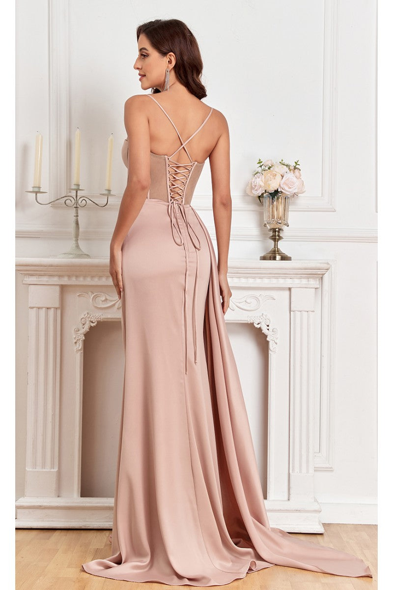 Prom Dresses Fitted Corset Long Formal Slit Prom Dress Champagne