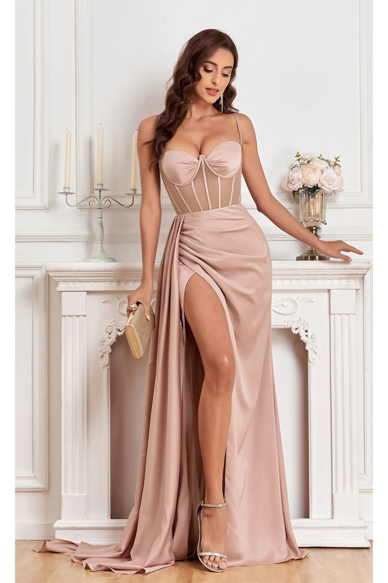 Prom Dresses Fitted Corset Long Formal Slit Prom Dress Champagne