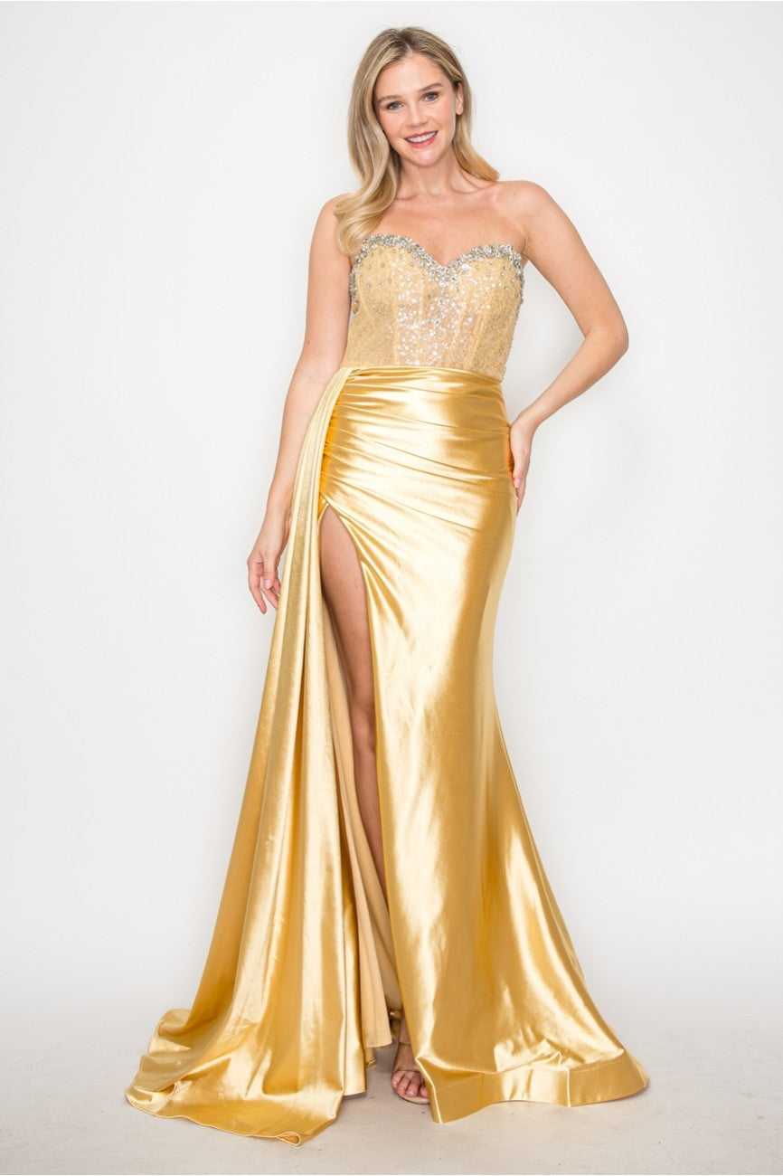 Prom Dresses Long Formal Beaded Corset Prom Gown Gold
