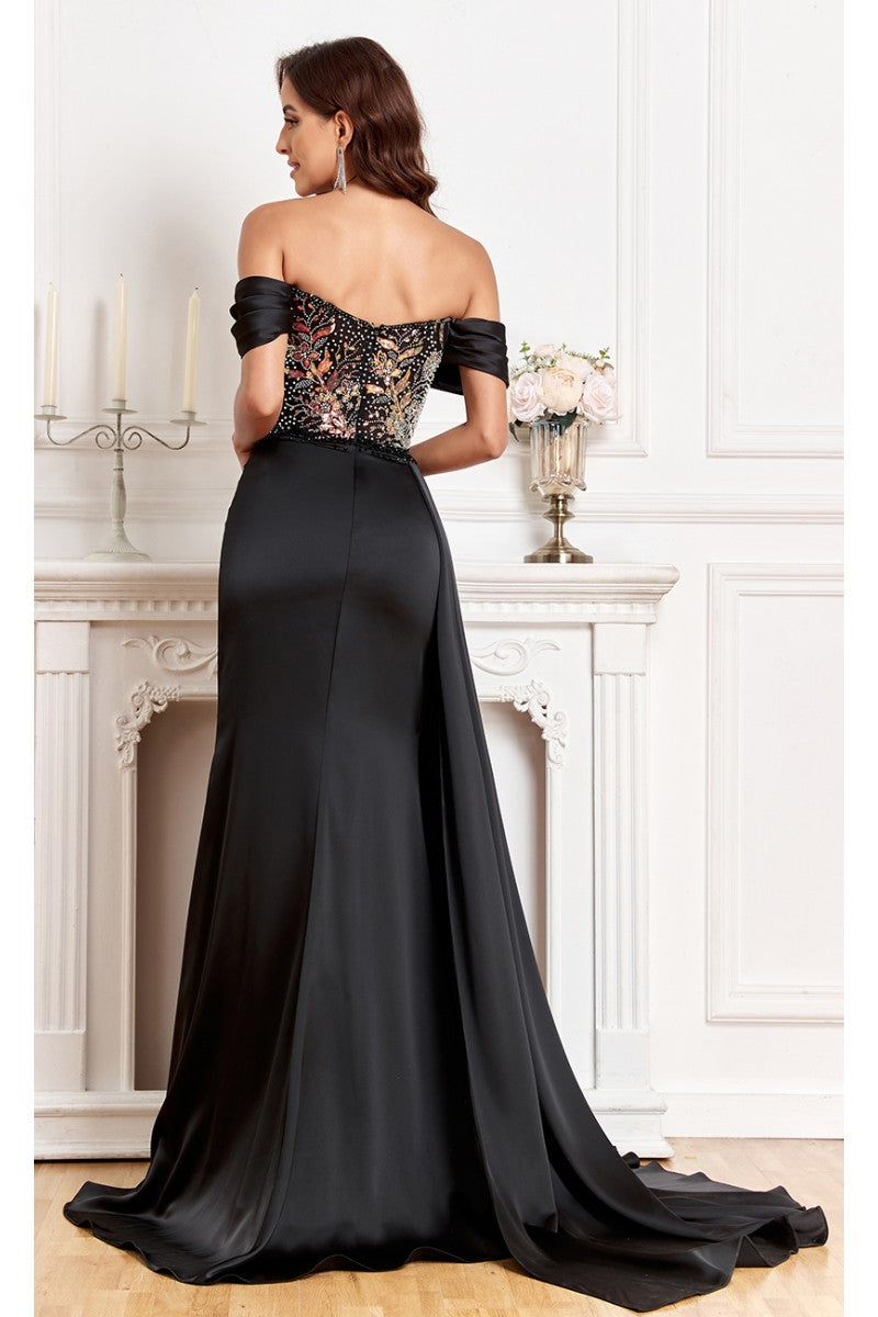 Prom Dresses Fitted Prom Long Formal Beaded Slit Evening Gown Black