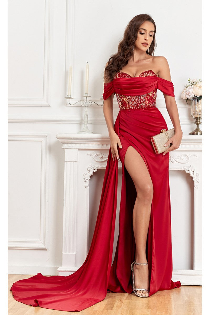Prom Dresses Fitted Prom Long Formal Beaded Slit Evening Gown Maroon
