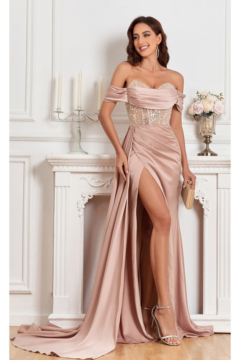 Prom Dresses Fitted Prom Long Formal Beaded Slit Evening Gown Champagne