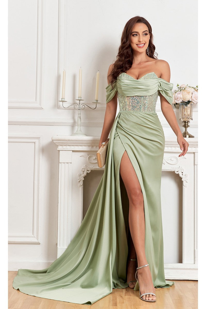 Prom Dresses Fitted Prom Long Formal Beaded Slit Evening Gown Mint