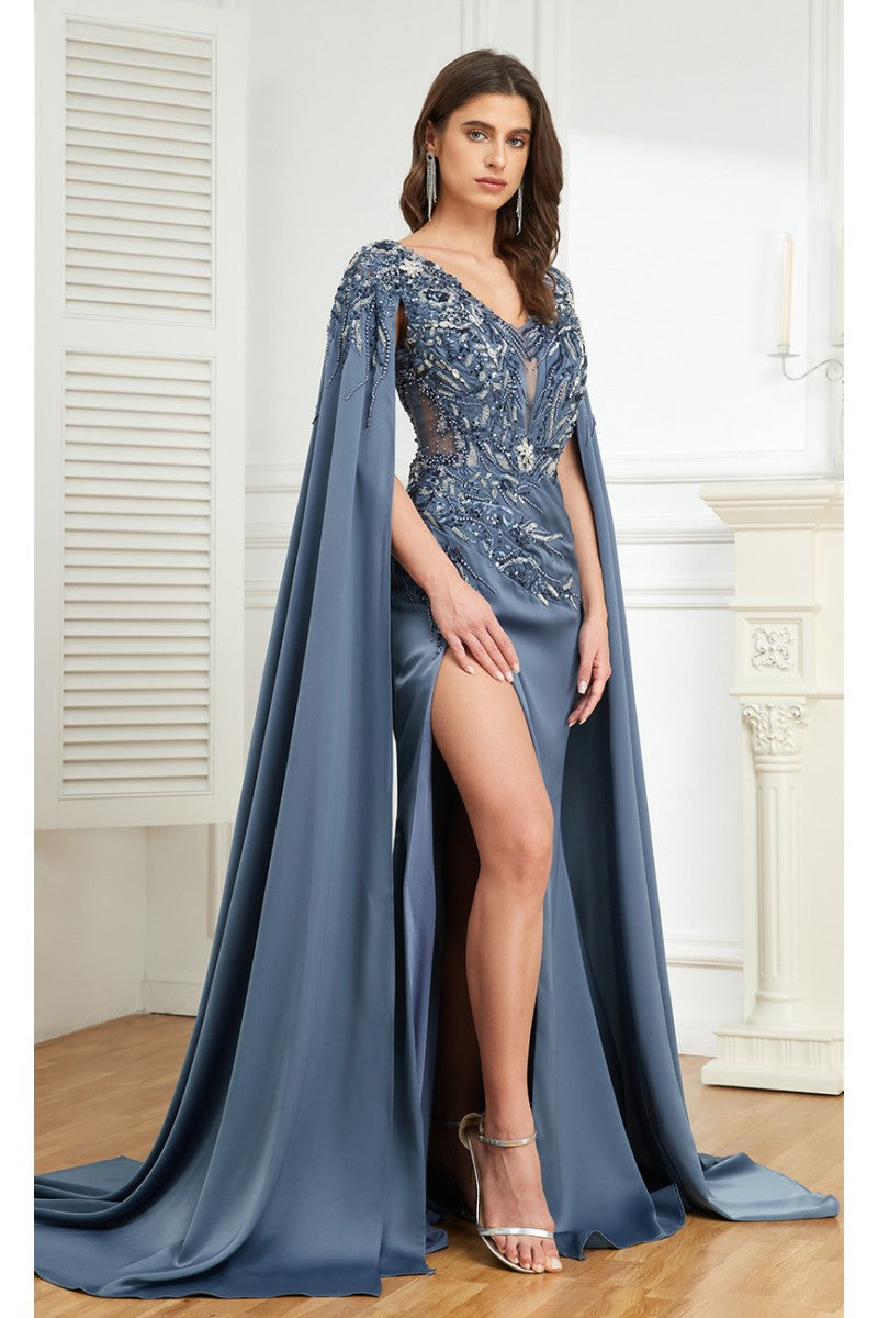 Formal Dresses Long Formal Beaded Slit Evening Dress Blue