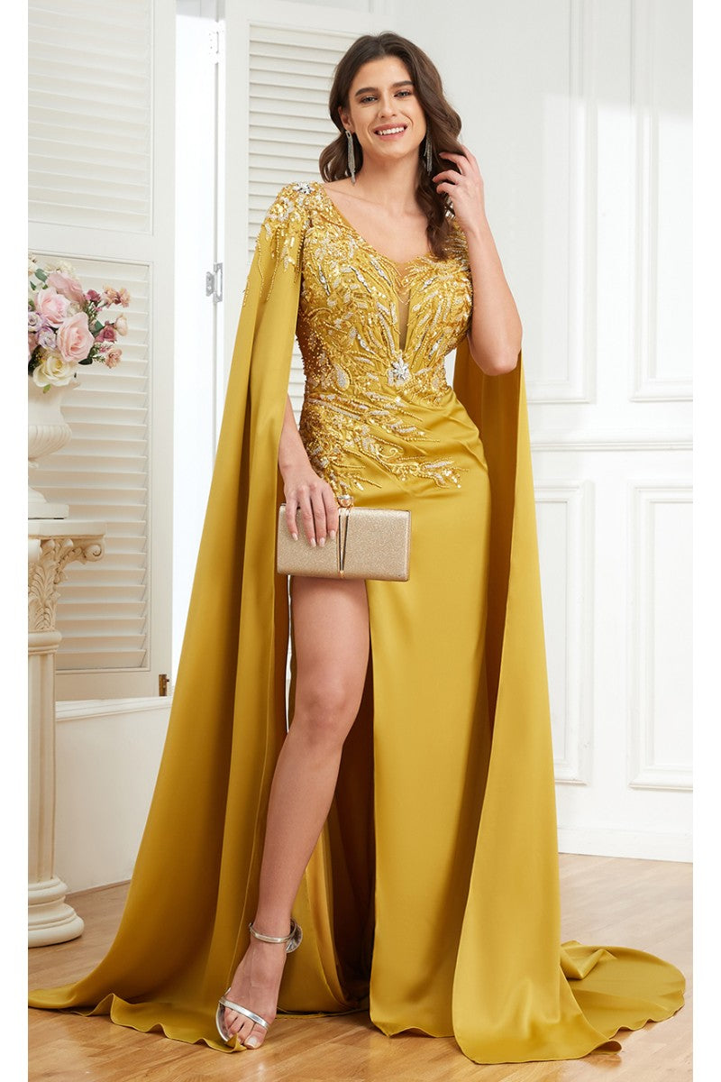 Formal Dresses Long Formal Beaded Slit Evening Dress Mustard