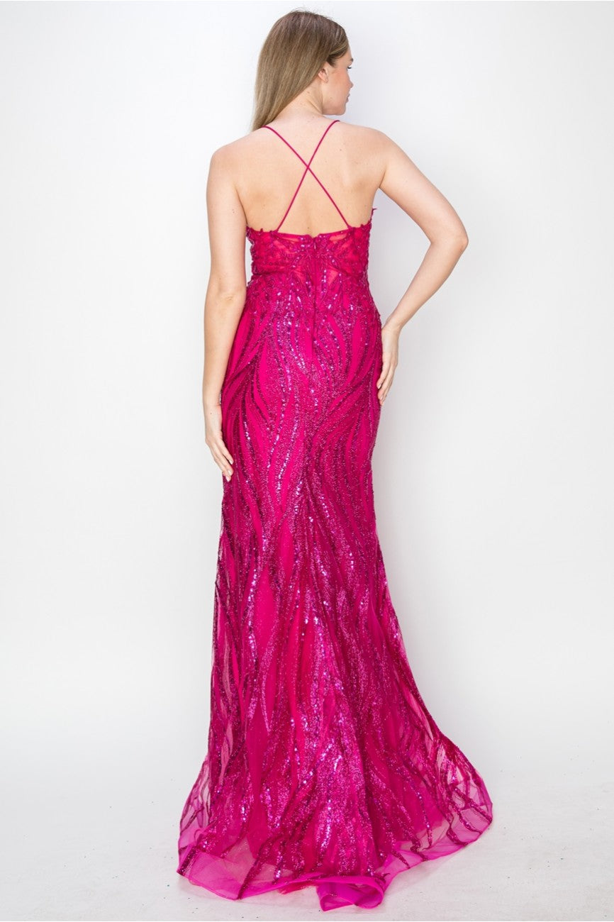 Prom Dresses Long Formal Fitted Slit Sequin Evening Dress Magenta