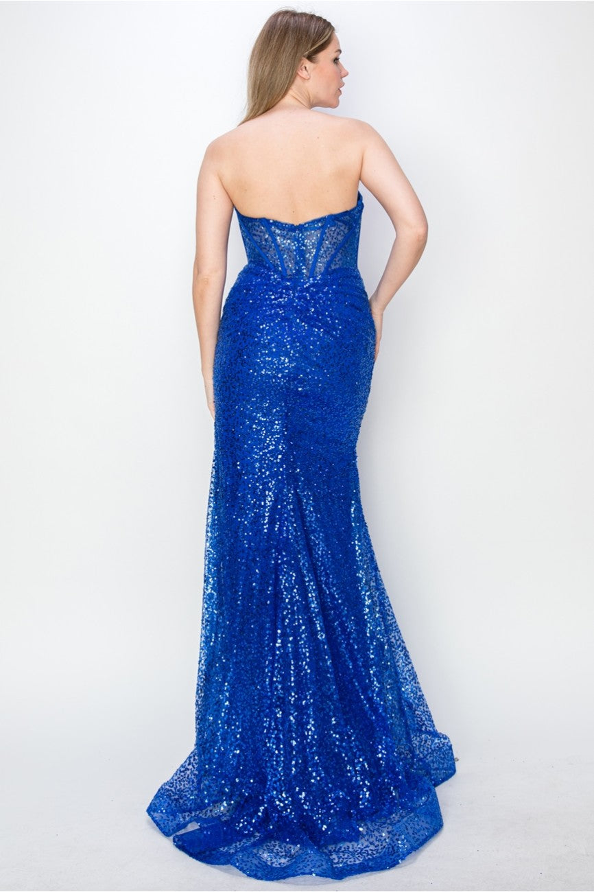 High Couture MJ1011 Sequin Fitted Long Formal corset Prom Dress
