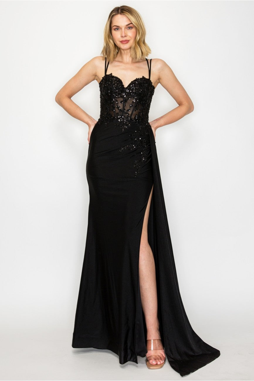 High Couture MJ1014 Prom Long Corset Slit Fitted Formal Dress