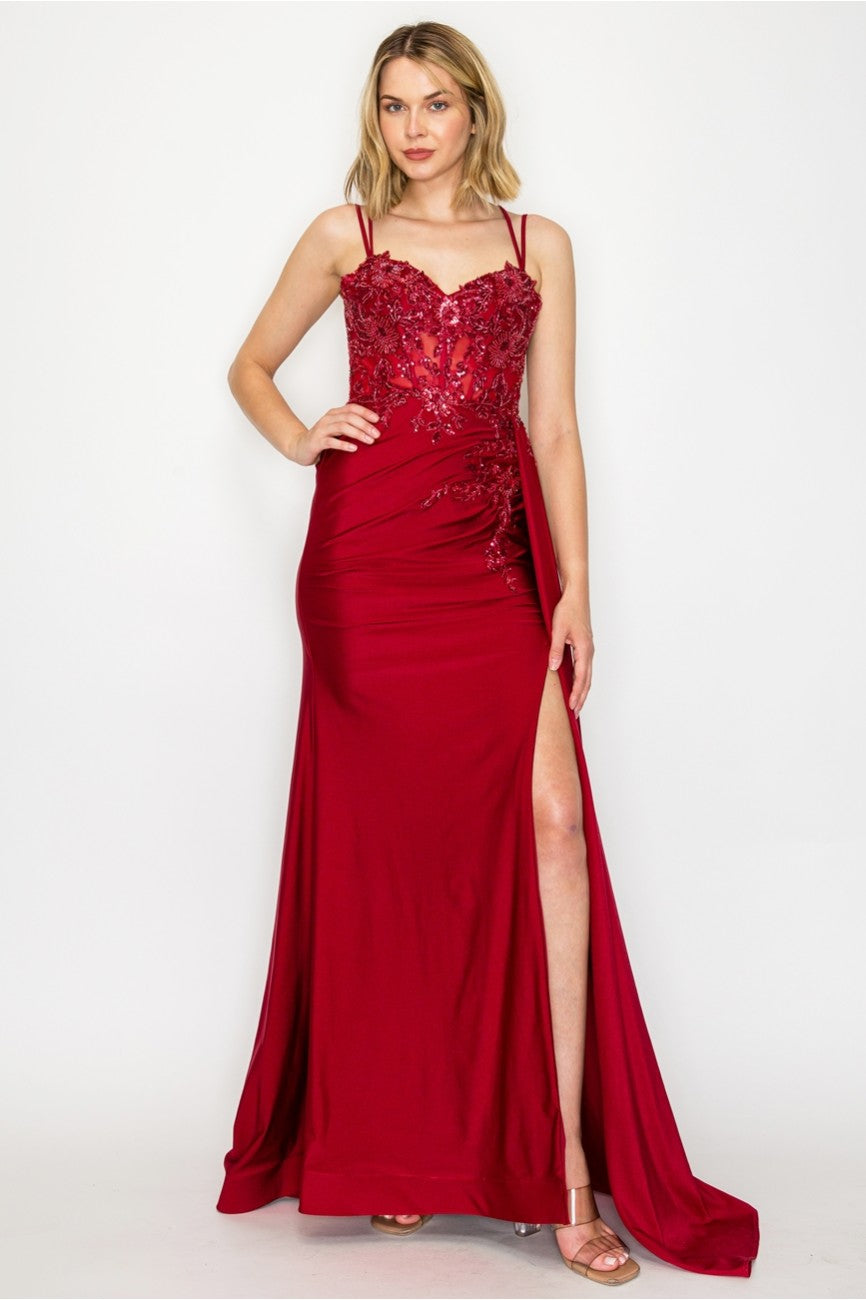 High Couture MJ1014 Prom Long Corset Slit Fitted Formal Dress
