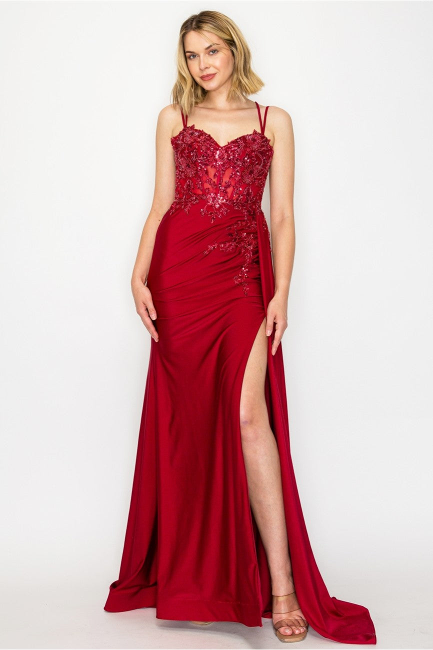Prom Dresses Prom Long Corset Slit Fitted Formal Dress Burgundy