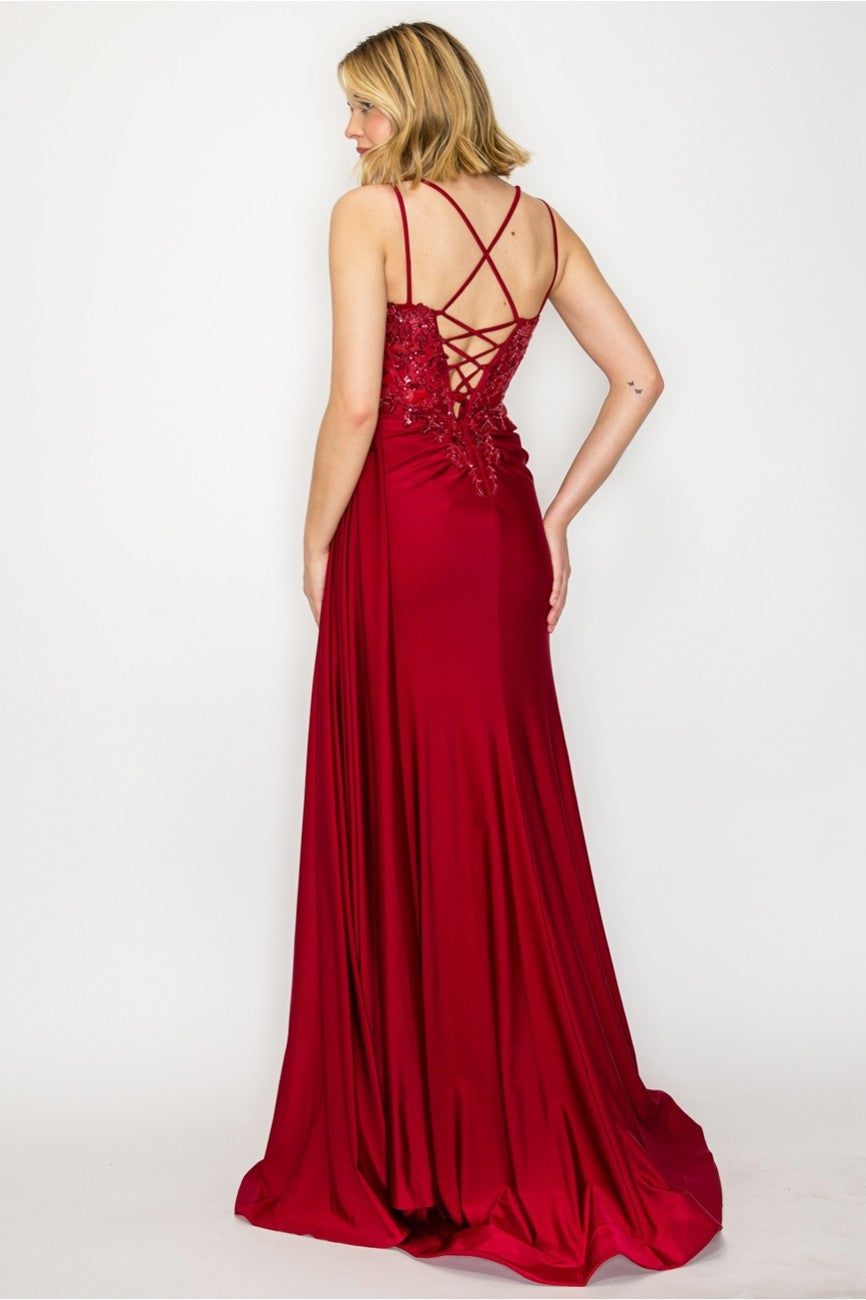 High Couture MJ1014 Prom Long Corset Slit Fitted Formal Dress