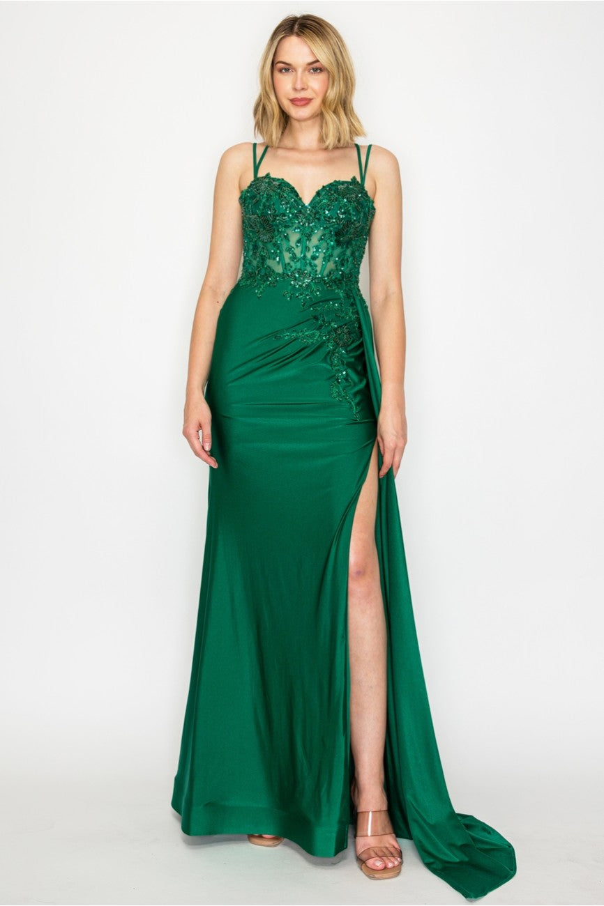 High Couture MJ1014 Prom Long Corset Slit Fitted Formal Dress