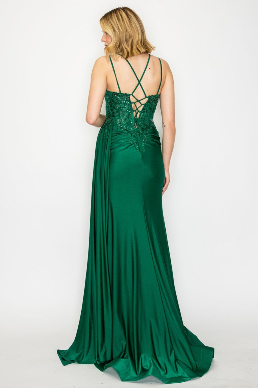 High Couture MJ1014 Prom Long Corset Slit Fitted Formal Dress