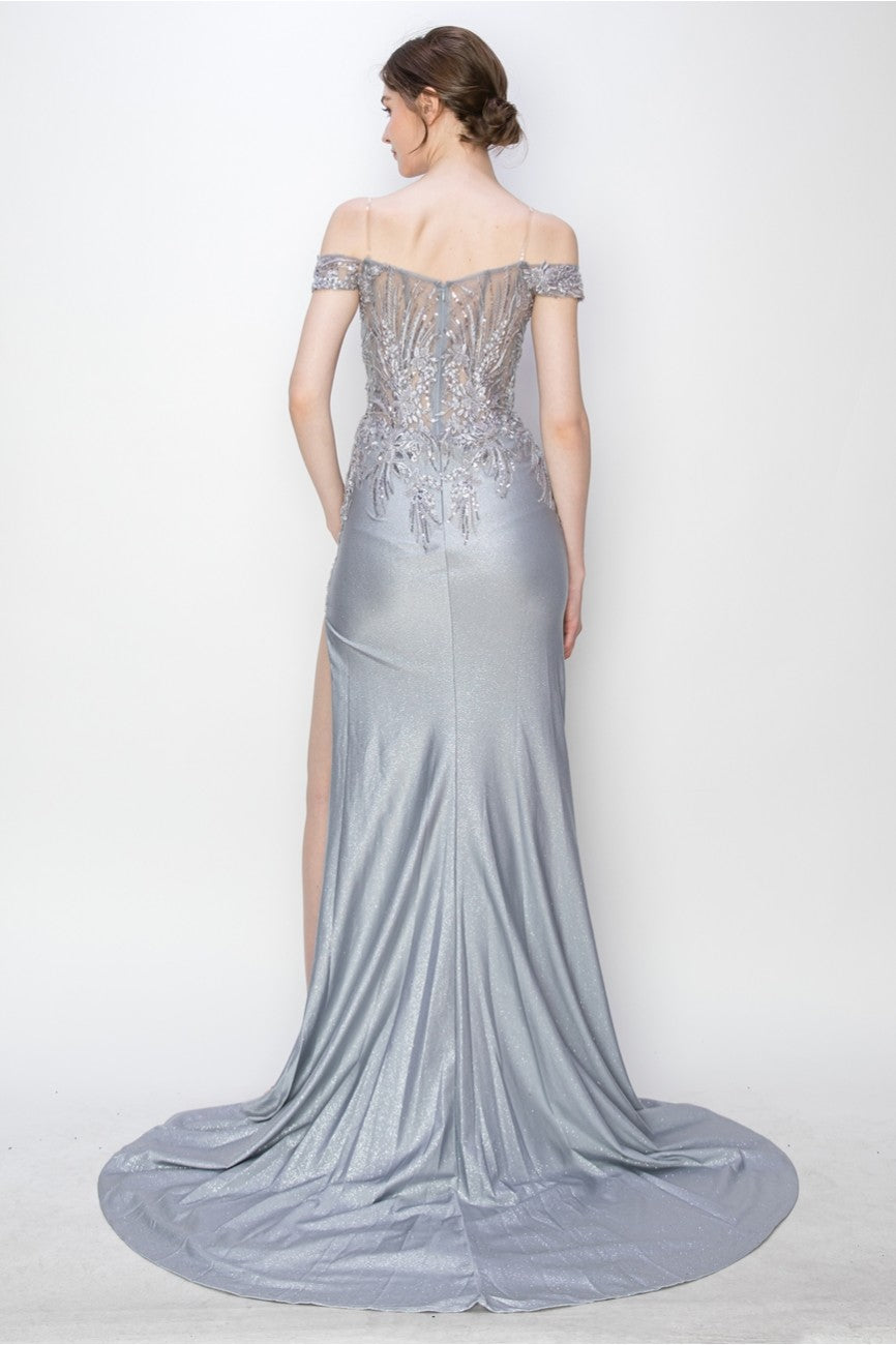 Prom Dresses Prom Long Formal Glitter Applique Dress Silver