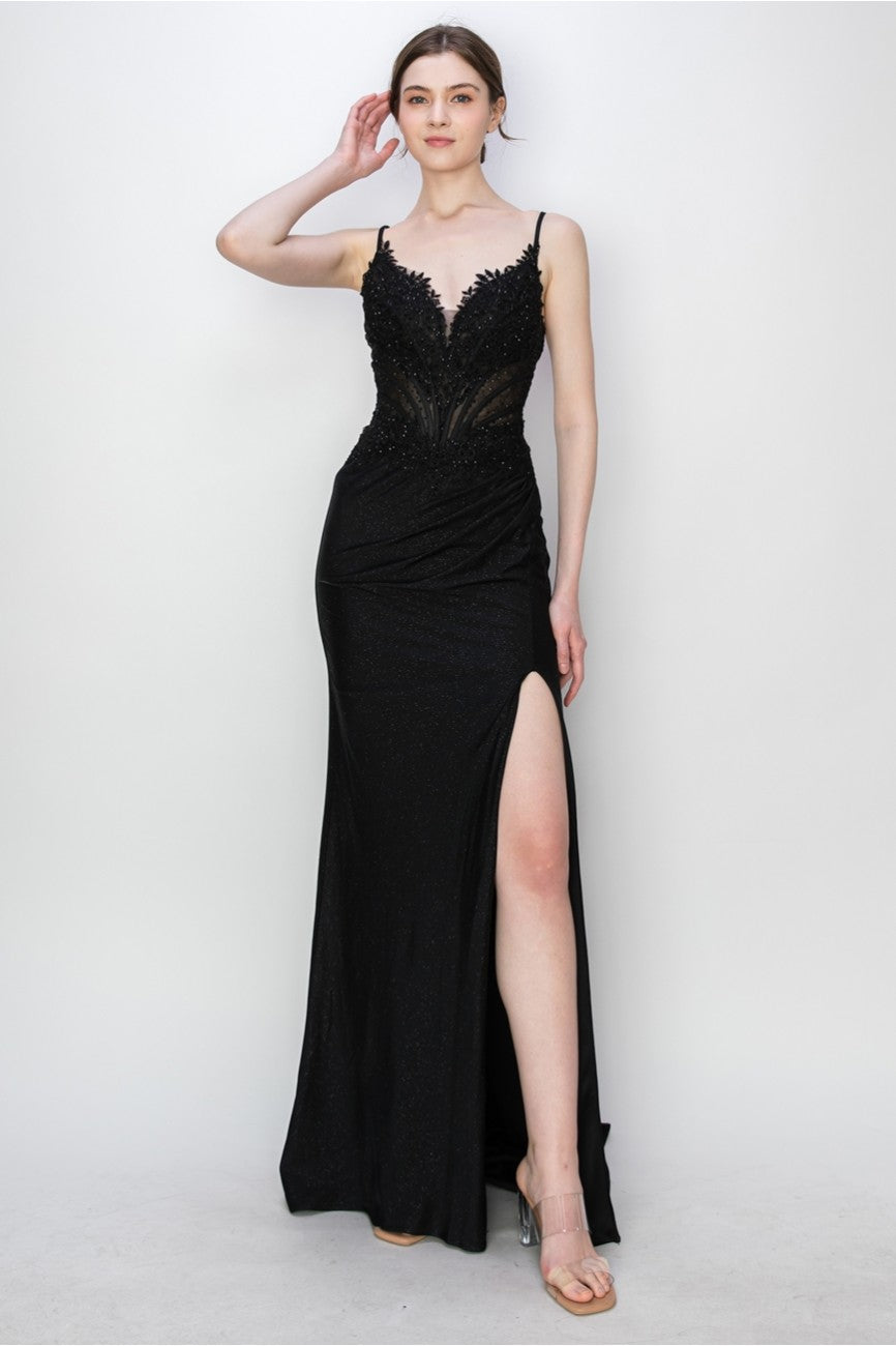 Prom Dresses Long Formal Fitted Corset Slit Evening Prom Gown Black