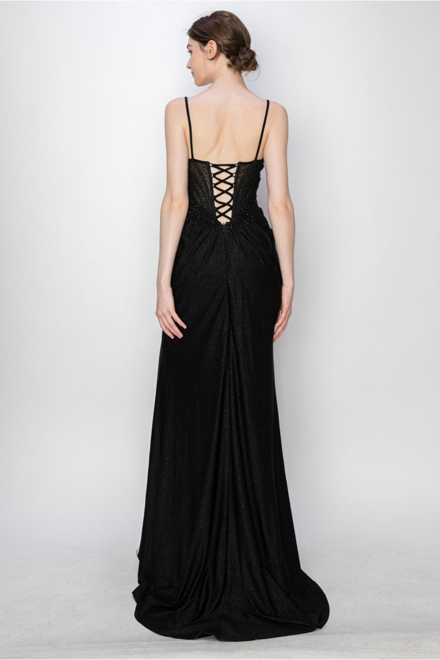 Prom Dresses Long Formal Fitted Corset Slit Evening Prom Gown Black