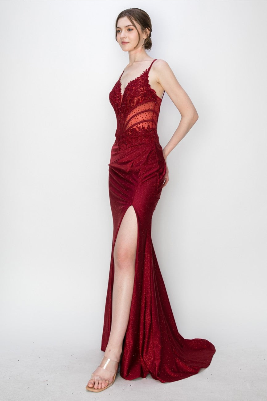 Prom Dresses Long Formal Fitted Corset Slit Evening Prom Gown Maroon