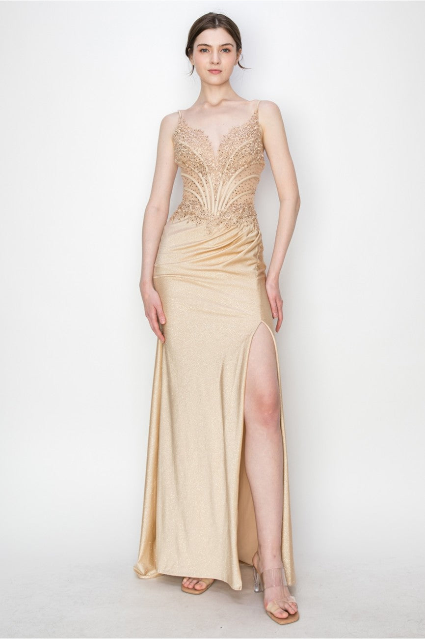 Prom Dresses Long Formal Fitted Corset Slit Evening Prom Gown Champagne