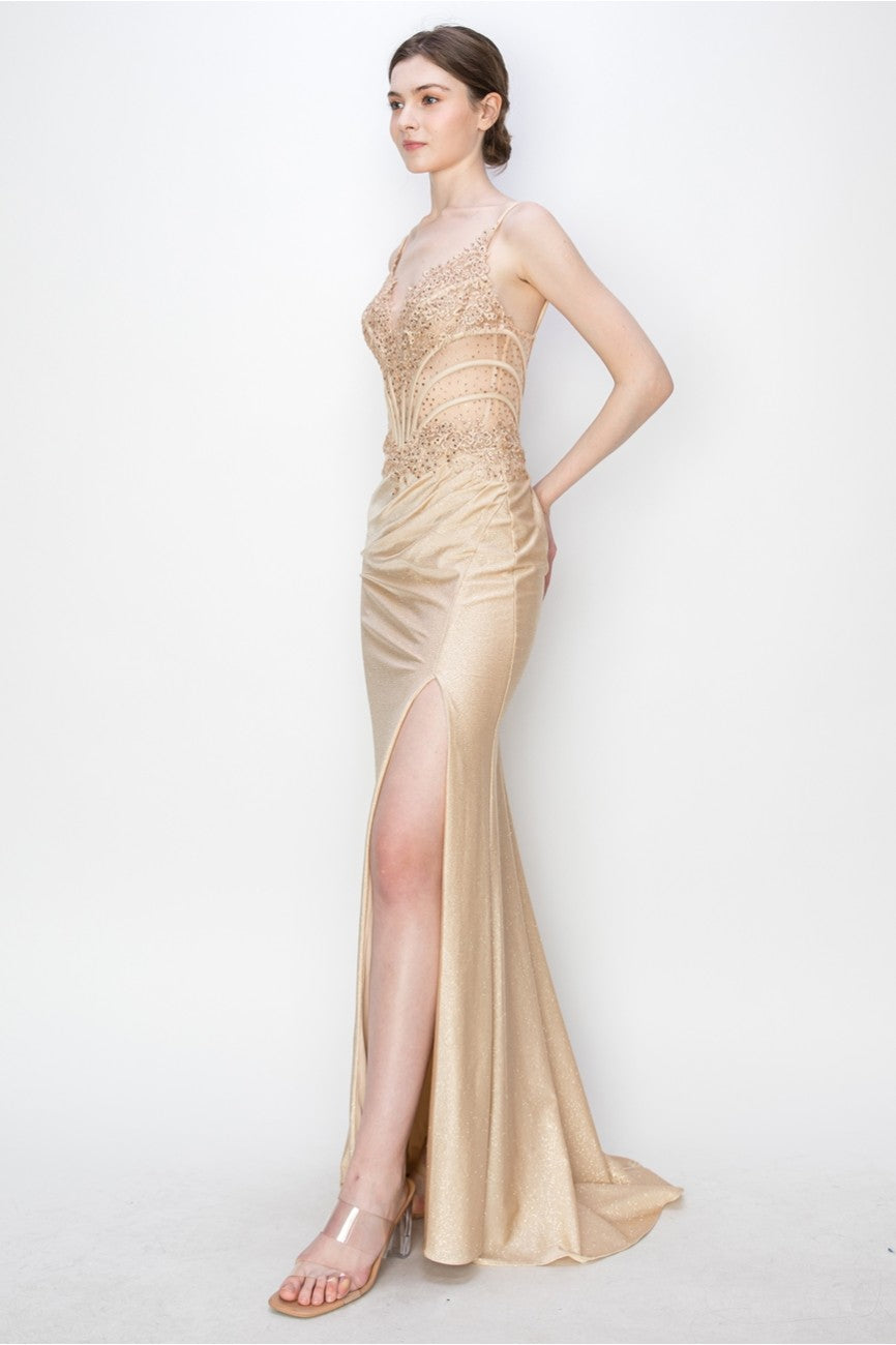 Prom Dresses Long Formal Fitted Corset Slit Evening Prom Gown Champagne