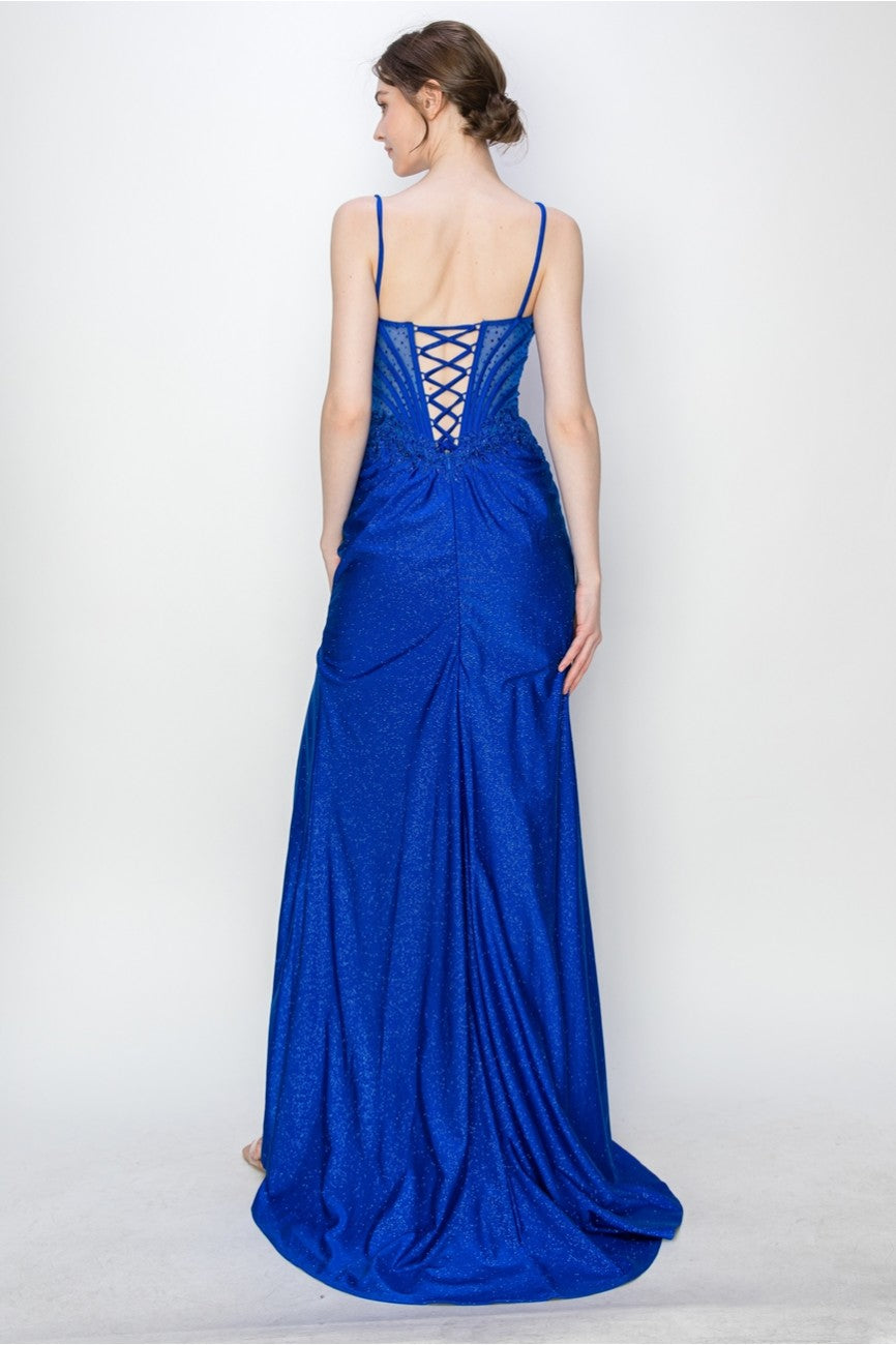 Prom Dresses Long Formal Fitted Corset Slit Evening Prom Gown Royal