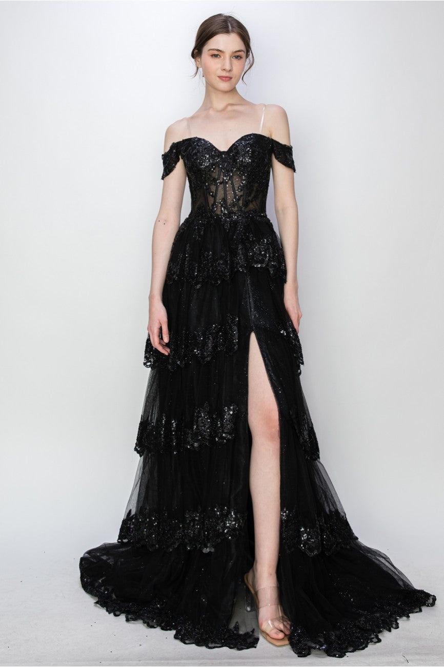 High Couture MJ1020 Long Ball Gown Formal Tiered Prom Dress
