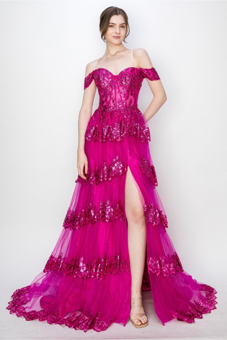 High Couture MJ1020 Long Ball Gown Formal Tiered Prom Dress