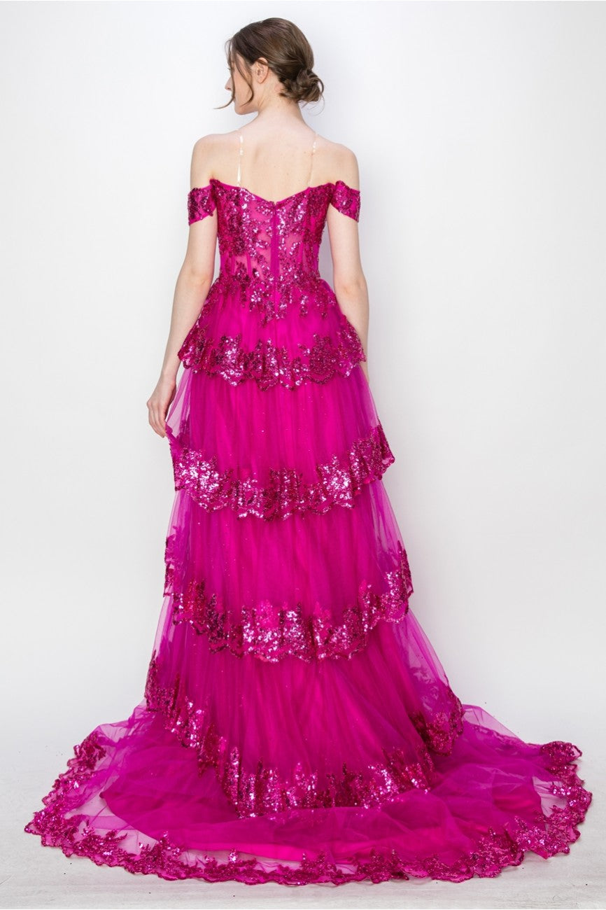Prom Dresses Long Ball Gown Formal Tiered Prom Dress  Hot Pink