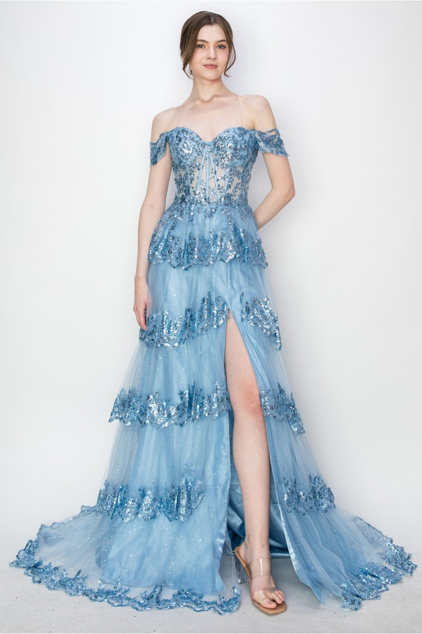 High Couture MJ1020 Long Ball Gown Formal Tiered Prom Dress