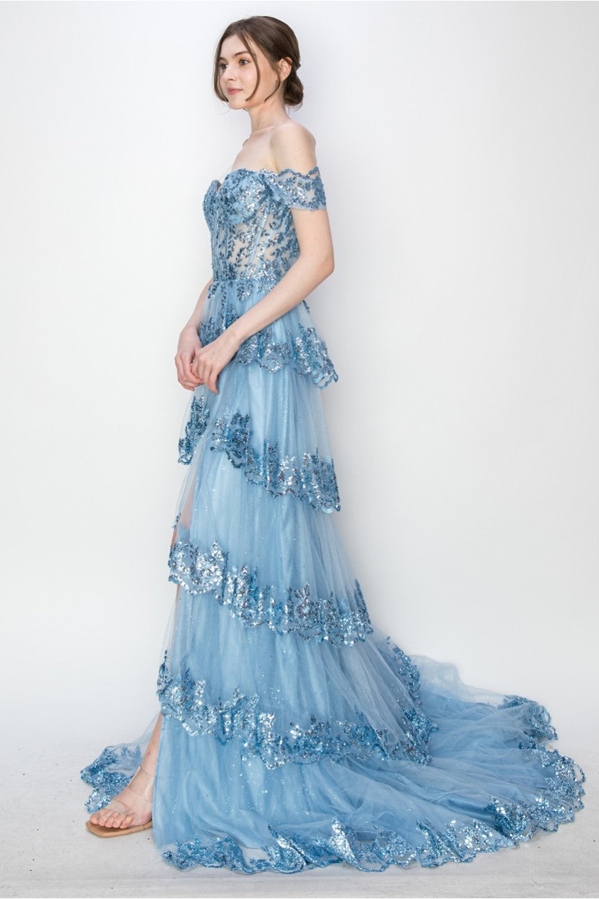 Prom Dresses Long Ball Gown Formal Tiered Prom Dress  Light Blue