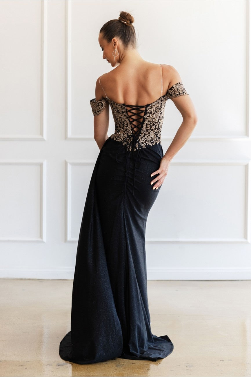 Prom Dresses Glitter Long Formal Lace Applique Prom Dress Black