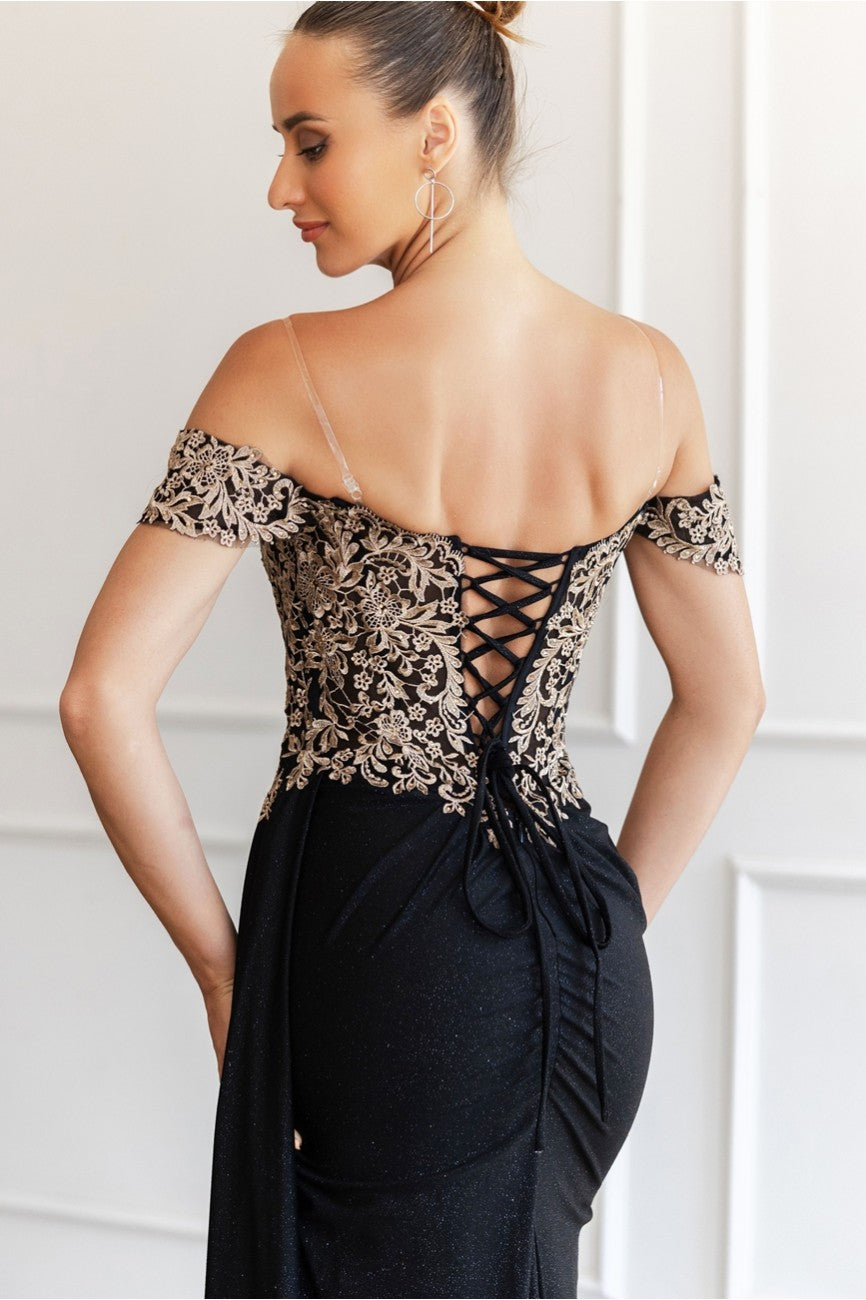 Prom Dresses Glitter Long Formal Lace Applique Prom Dress Black