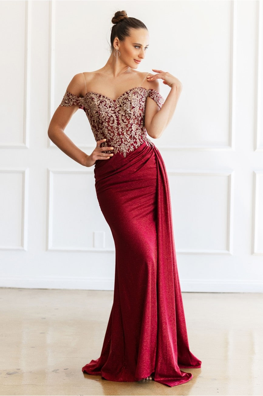 Prom Dresses Glitter Long Formal Lace Applique Prom Dress Burgundy