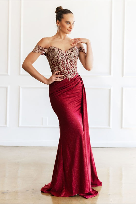 Prom Dresses Glitter Long Formal Lace Applique Prom Dress Burgundy