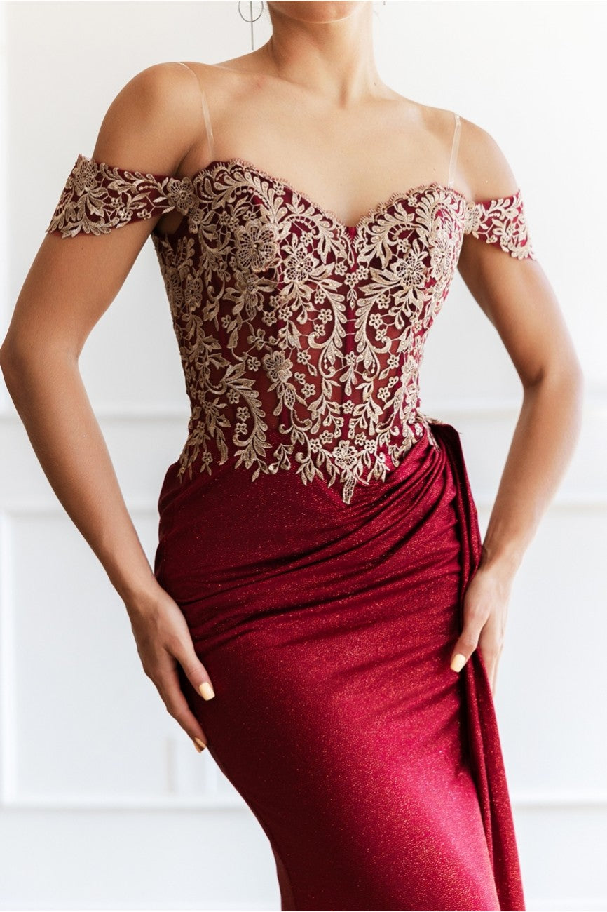 Prom Dresses Glitter Long Formal Lace Applique Prom Dress Burgundy