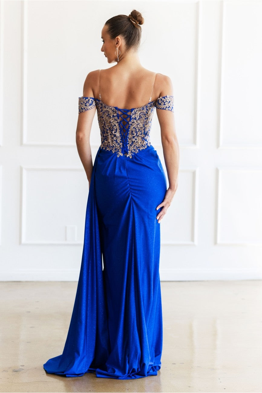 Prom Dresses Glitter Long Formal Lace Applique Prom Dress Royal