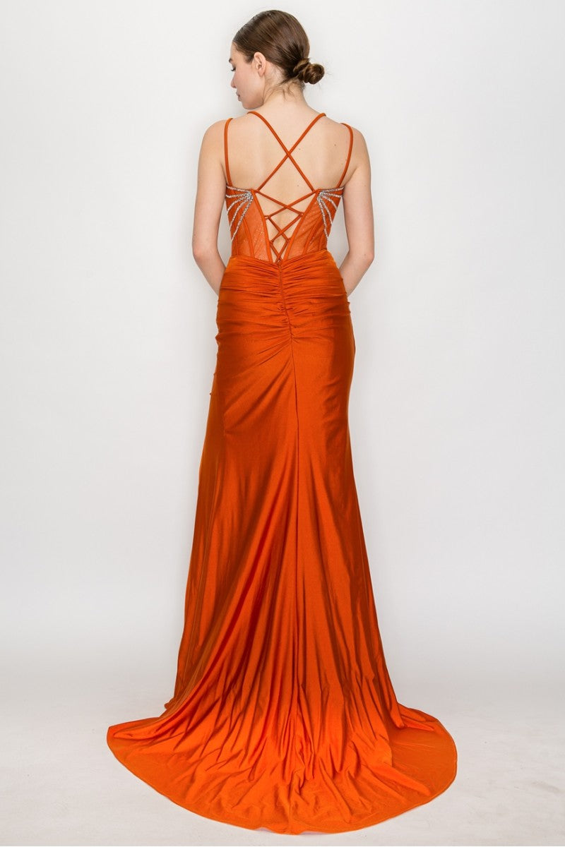 High Couture MJ1023 Long Slit Beaded Formal Prom Dress
