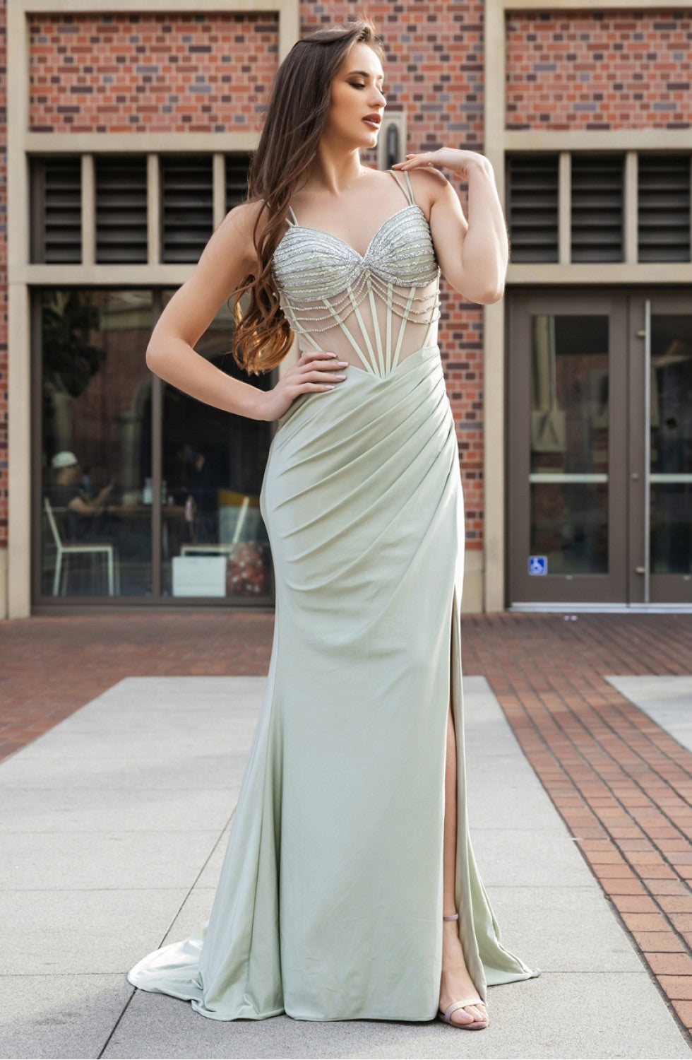 Prom Dresses LLong Slit Beaded Formal Prom Dress Sage