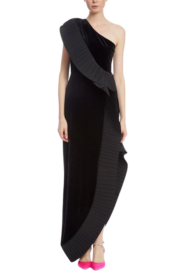 One Shoulder Floor-Length Velvet Cocktail Dress Pleated Ruffle Hem One 33 Social MK4459V