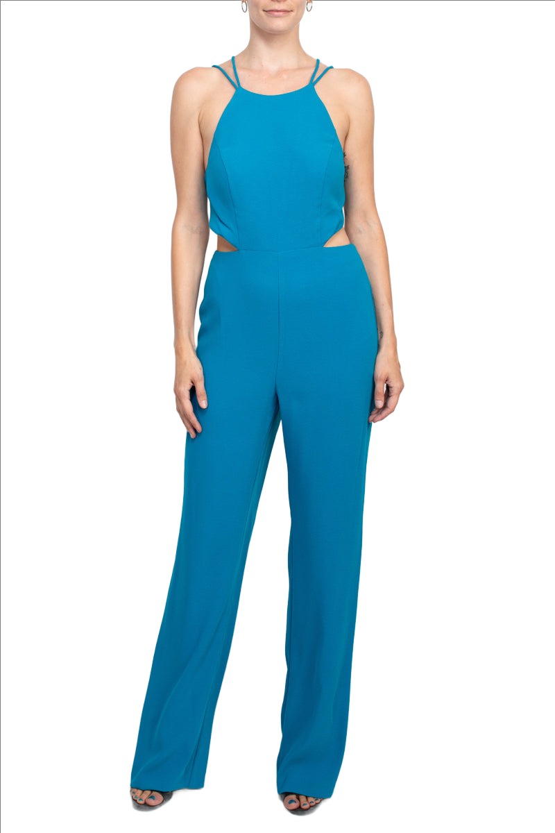 Peacock Halter Full-Length Crepe Formal Jumpsuit with Side Cutouts and Lace-Up Back Aidan Mattox MN1E204053