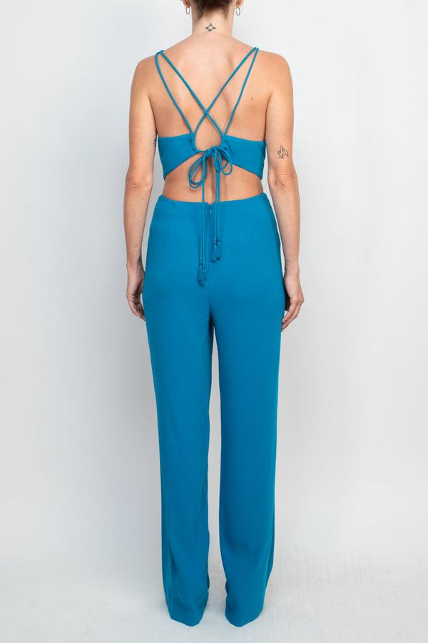 Jumpsuit Long Cutout Tie Formal Jumpsuit PEACOCK