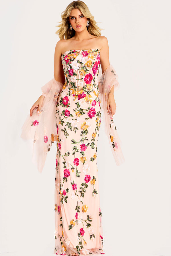 Long Floral Sequin Prom Formal Dress Jovani 44011